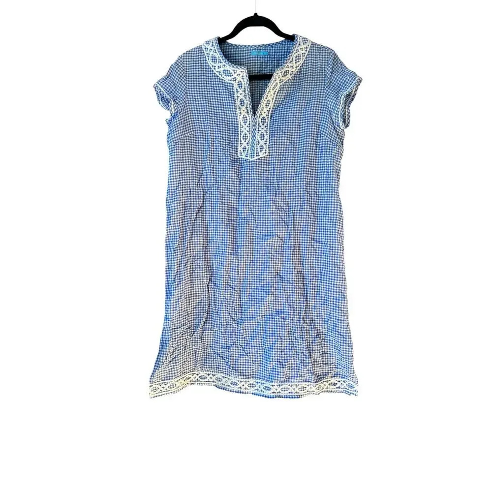 J. McLaughlin Blue and White Gingham Mini with Lace Trim